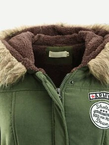 Patched Fuzzy Collar Hooded Parkas Coat - Army Green - View 3