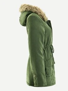 Patched Fuzzy Collar Hooded Parkas Coat - Army Green - View 6