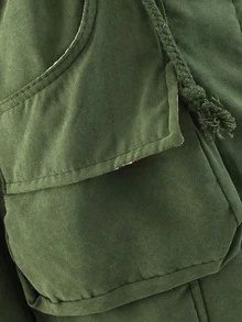 Patched Fuzzy Collar Hooded Parkas Coat - Army Green - View 5