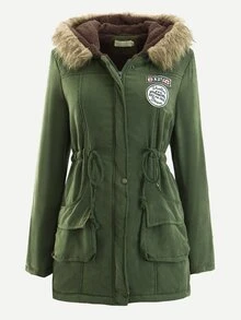 Patched Fuzzy Collar Hooded Parkas Coat - Army Green - View 1