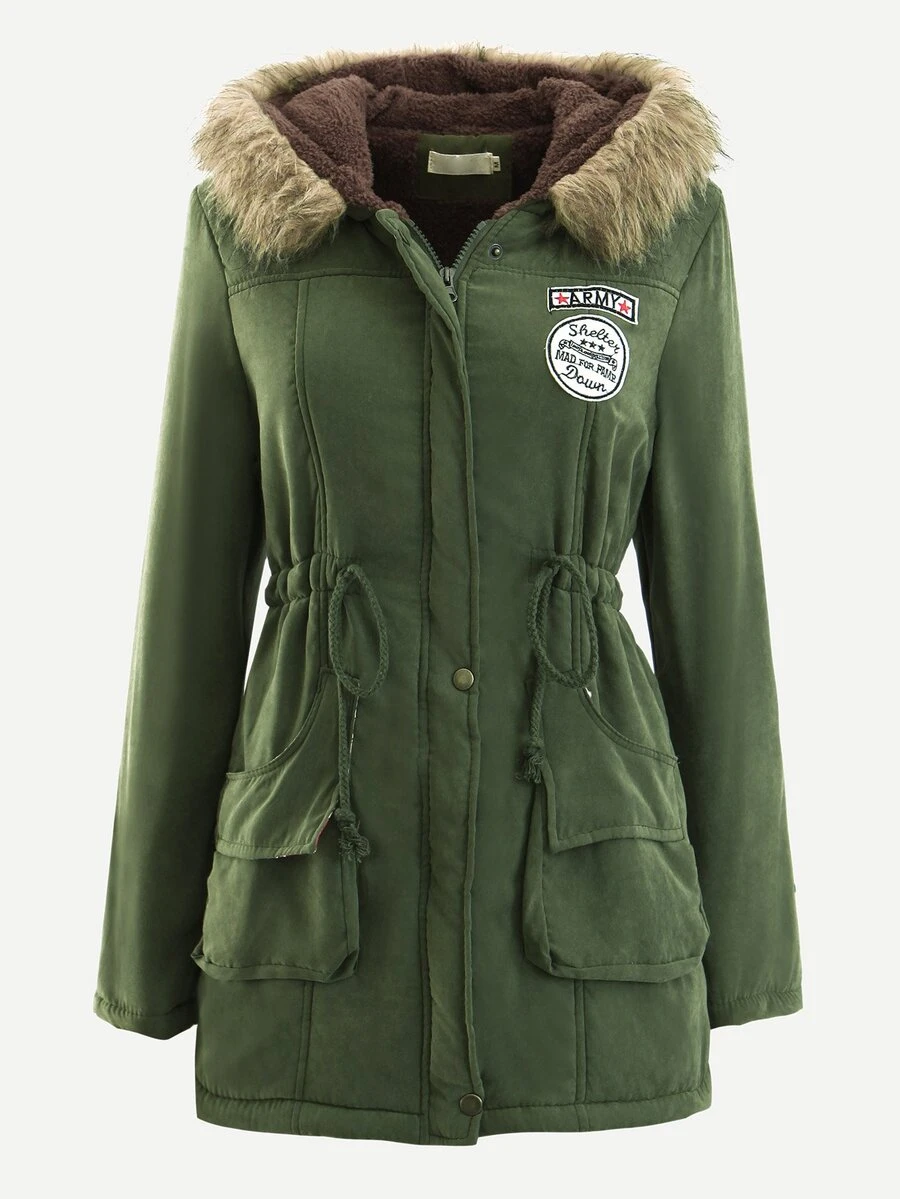 Patched Fuzzy Collar Hooded Parkas Coat - Army Green - View 1