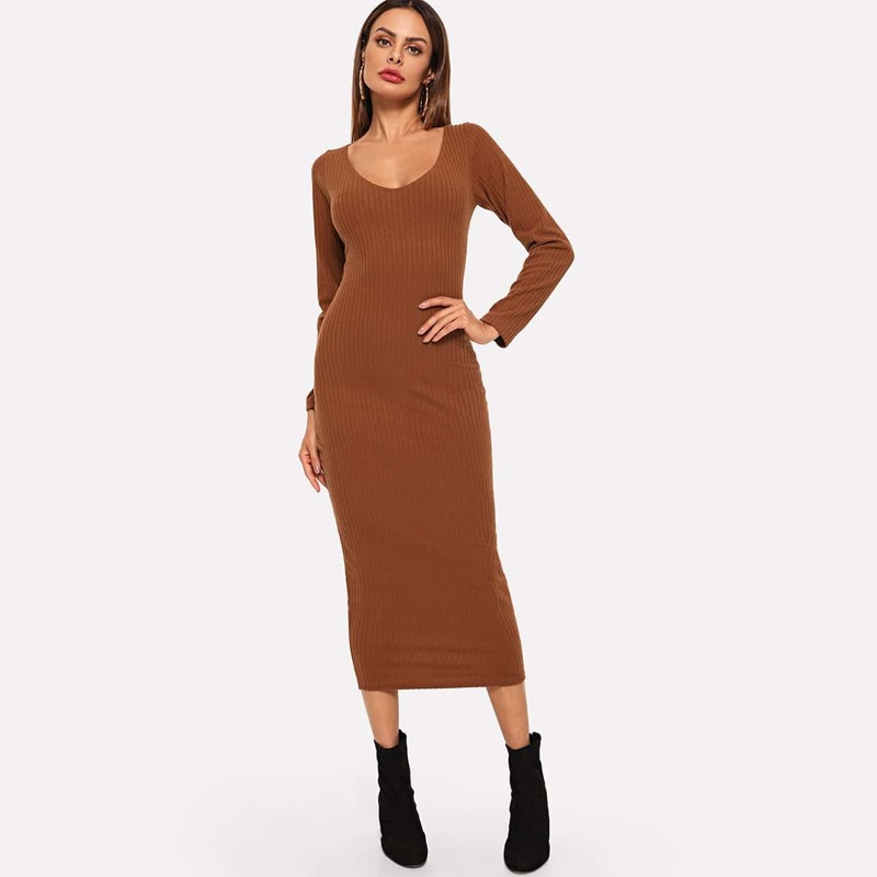 

Ribbed Solid Skinny Sweater, Brown