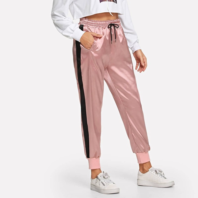 

Drawstring Waist Tape Panel Side Satin Pants, Pink