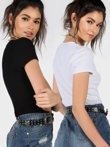 SHEIN Set camiseta de punto de canalé 2 piezas - negro blanco - Blanco y Negro - Ver 2