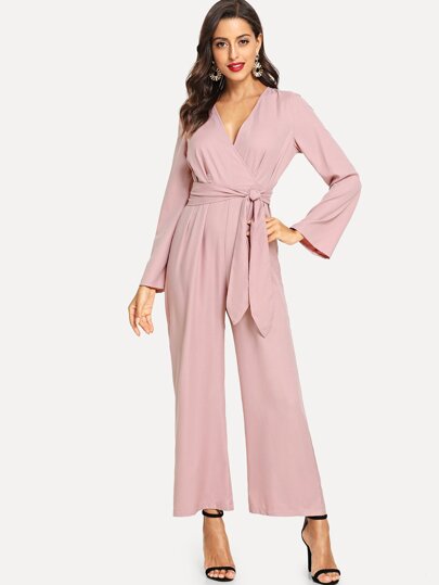 Bell Sleeve Tie Waist Wrap Jumpsuit pictures