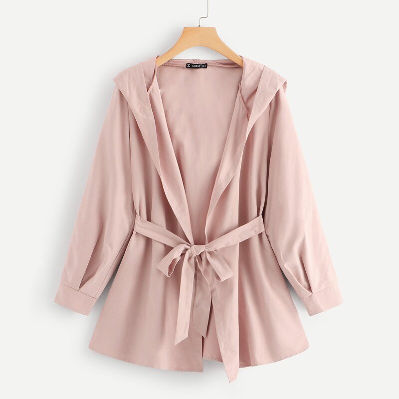 

Waist Belted Solid Hoodie Coat, Pink