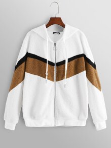Zip Up Chevron Teddy Hooded Jacket