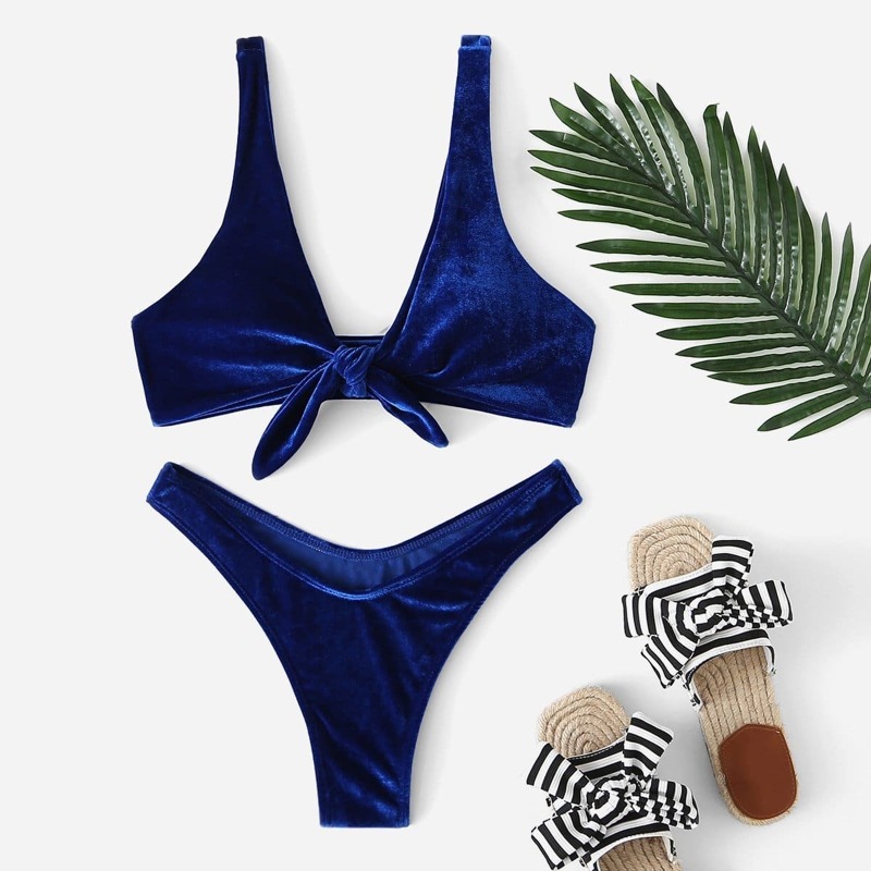 

Knot Front Velvet Top With High Leg Bikini Set, Navy