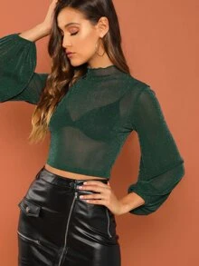 SHEIN Blouson Sleeve Glitter Crop Top Without Bra