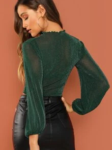 SHEIN Blouson Sleeve Glitter Crop Top Without Bra