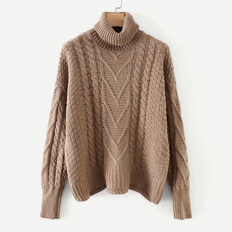 

High Neck Cable Knit Solid Sweater, Khaki