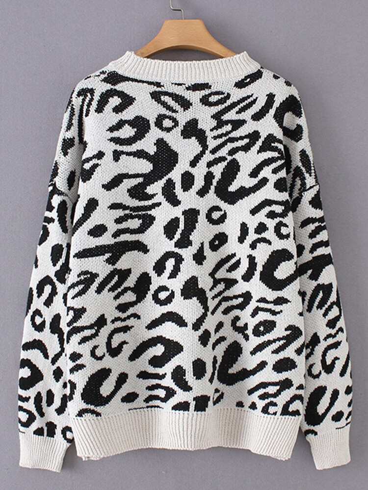 Svart och Vitt Leopard Tillfällig Tröjor Svart och Vitt Leopard Tillfällig Tröjor