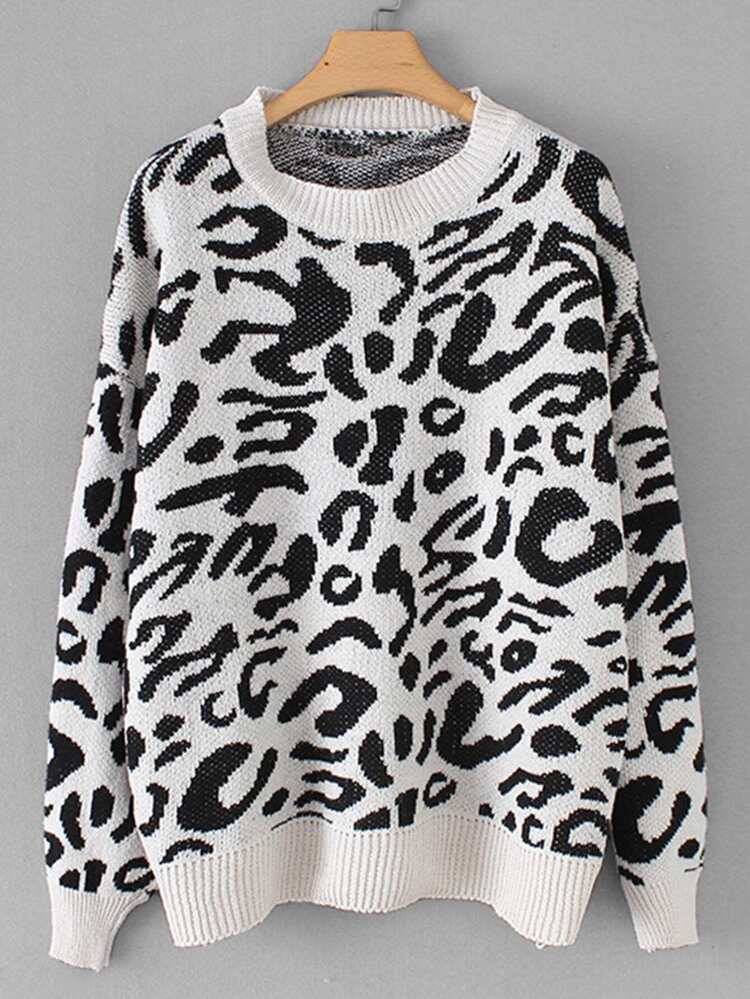 Svart och Vitt Leopard Tillfällig Tröjor Svart och Vitt Leopard Tillfällig Tröjor