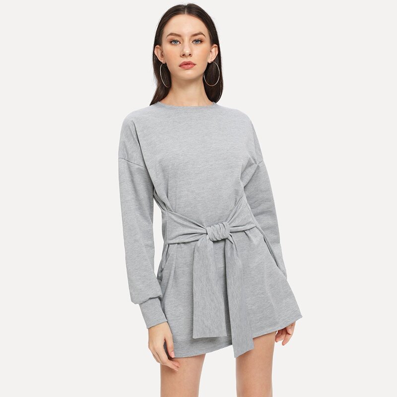 

Knot Waist Solid Dress, Grey