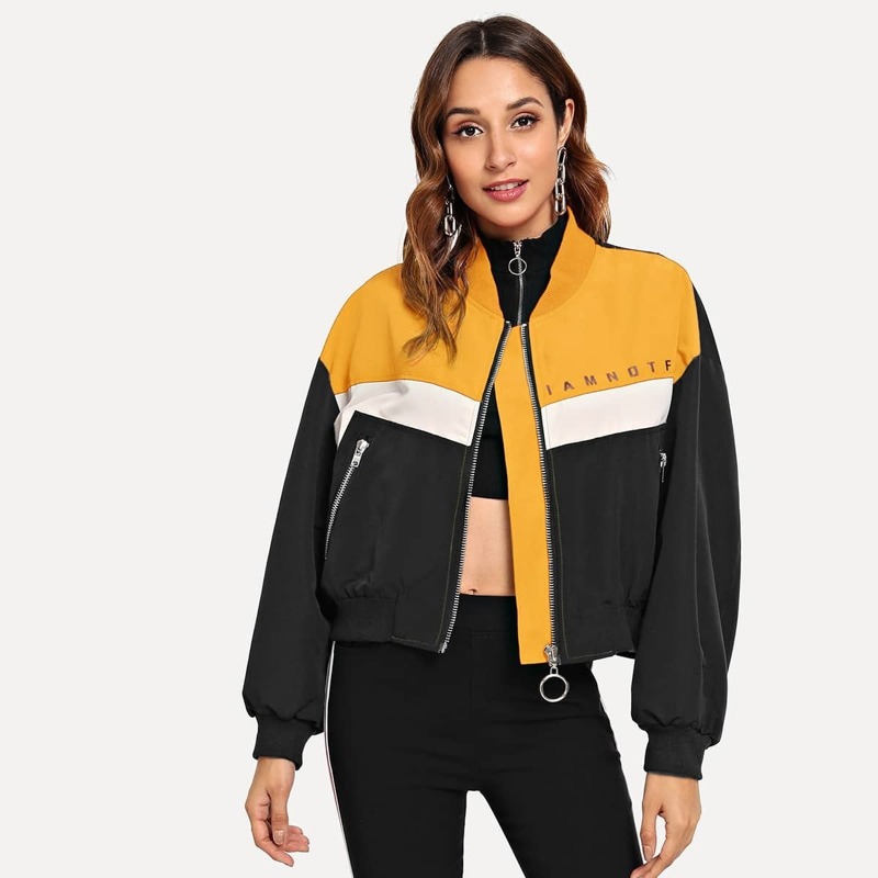 

Zip Up Letter Print Jacket, Multicolor