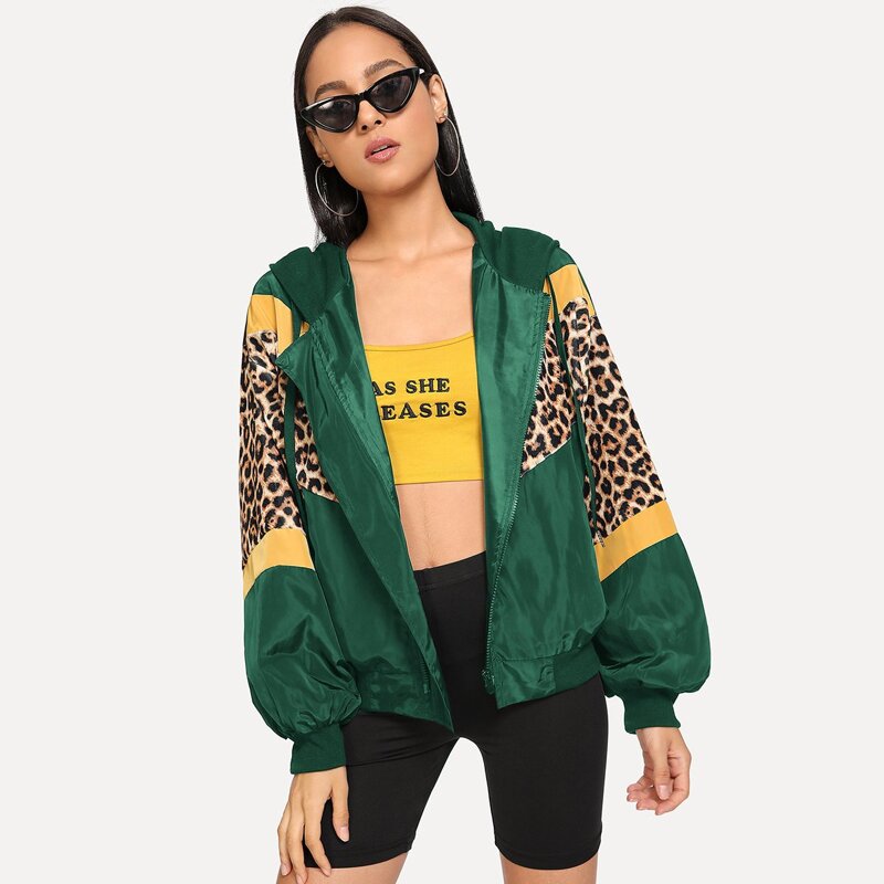 

Leopard Print Hooded Jacket, Green