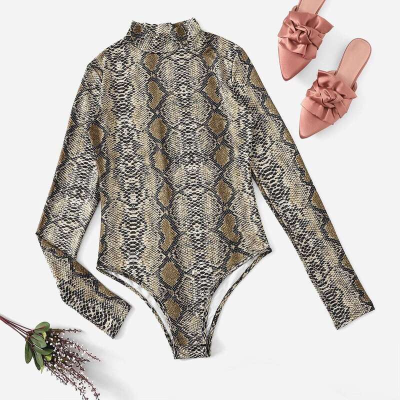 

Snake Print Stand Neck Bodysuit, Multicolor