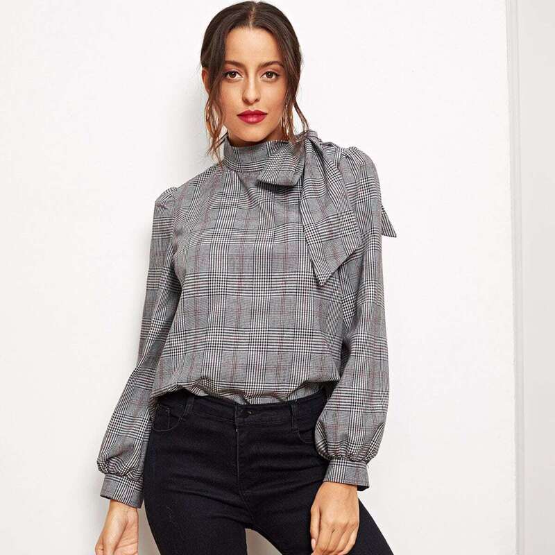 

Side Bow Tie Glen Plaid Top, Grey