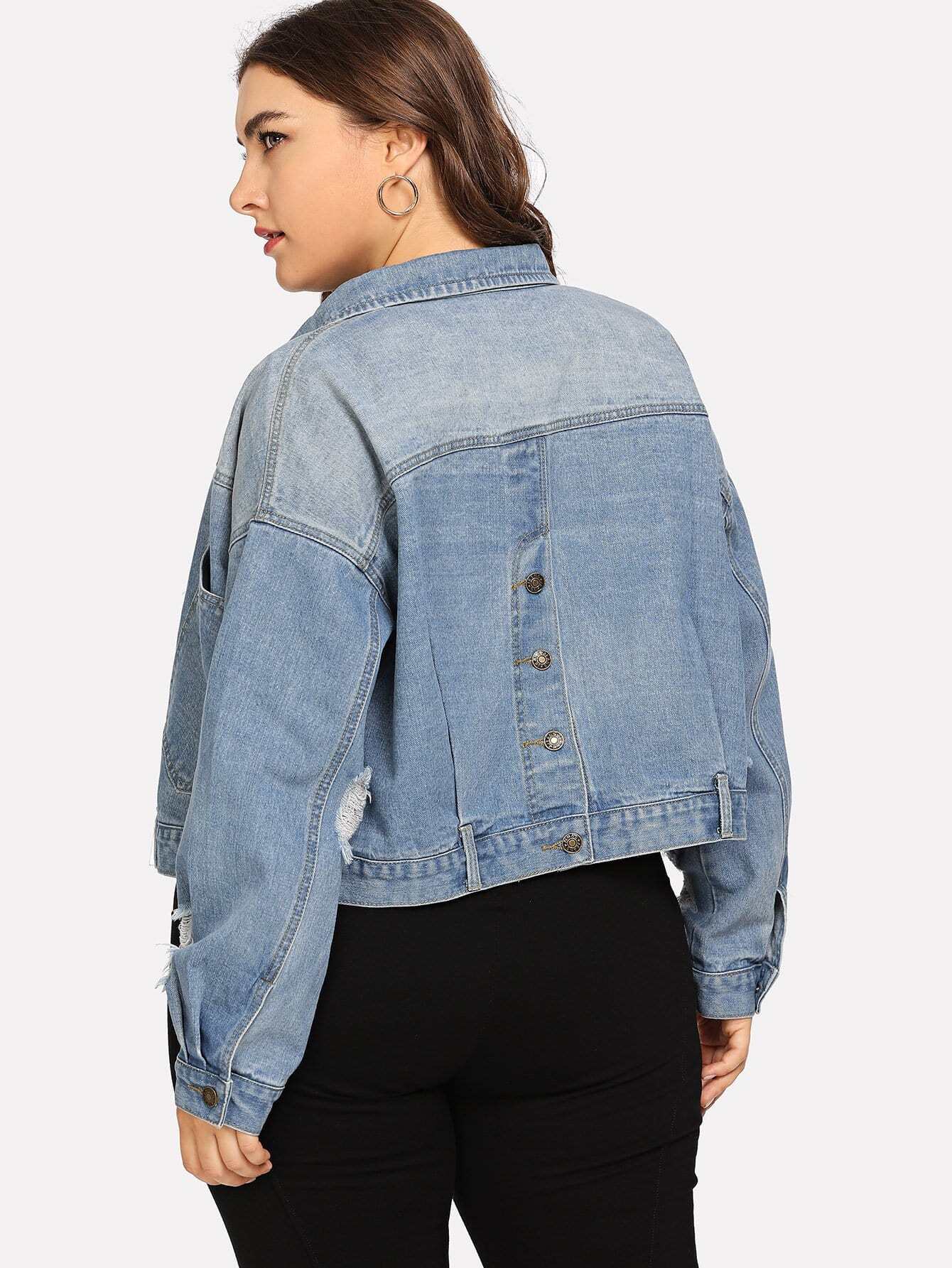 plus buttoned back ripped denim jacket -shein(sheinside)