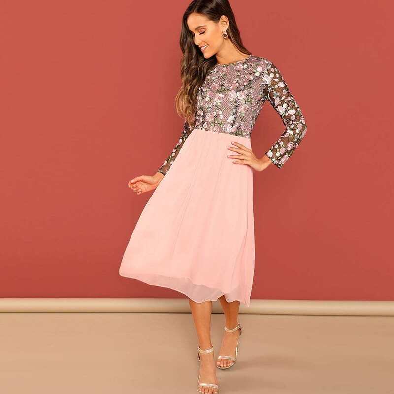 

Floral Embroidered Top Combo Midi Dress, Multicolor