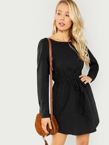 Waist Drawstring Pocket Solid Dress