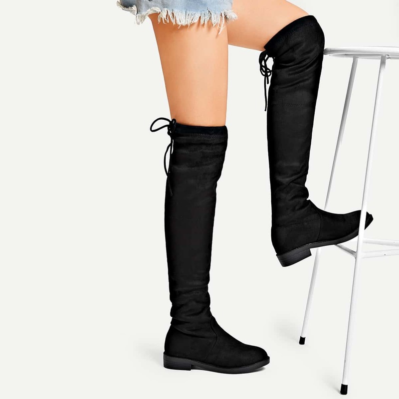 

Back Tie Thigh High Suede Boots, Black