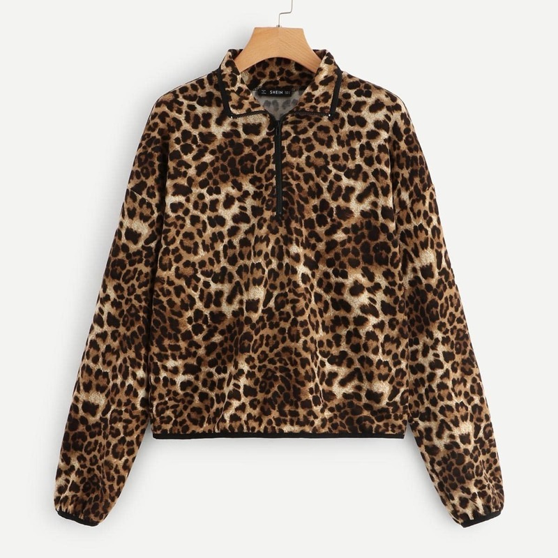 

Zip Front Leopard Pint Collar Pullover, Multicolor
