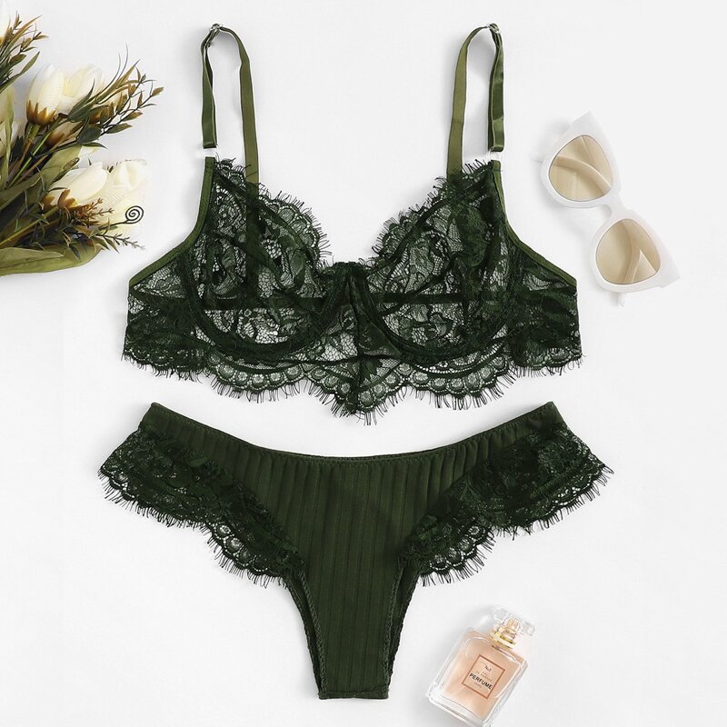 

Eyelash Lace Lingerie Set, Army green
