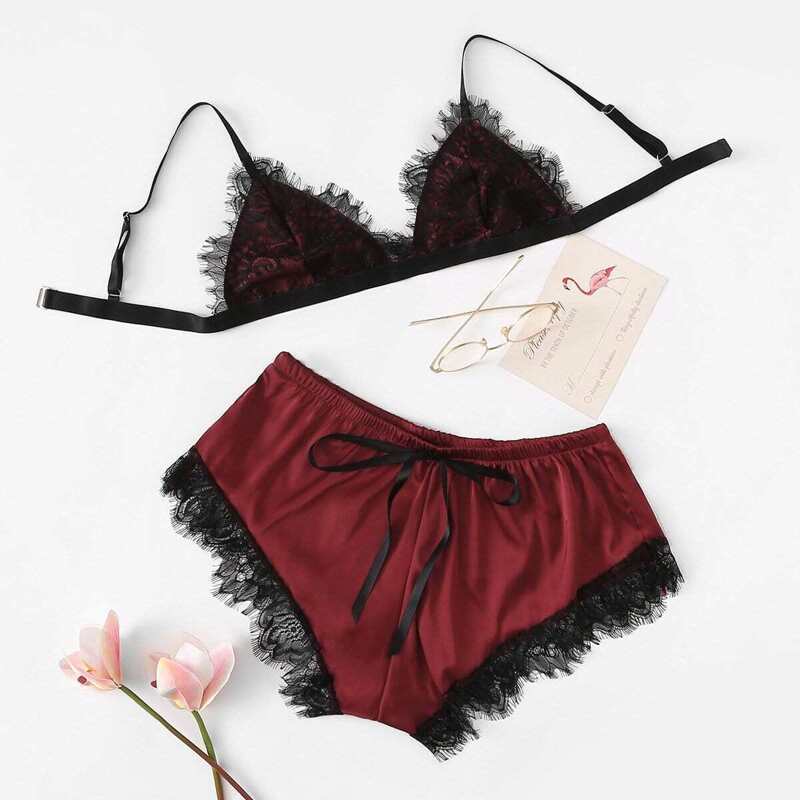 

Contrast Lace Lingerie Set, Burgundy