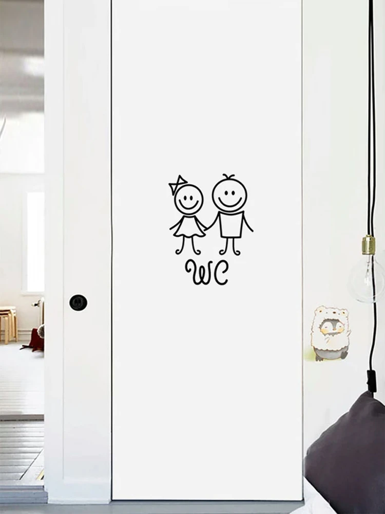 Cartoon Graphic Door Sticker, Black PVC Toilet Sign Sticker For Home Decor, Stickers, Wall Decal, Vinyl Decal For Home Decorations, Spring Decoration Items Refresh Your Home, Festival Decoration Stickers Gifts Birthday Graduation