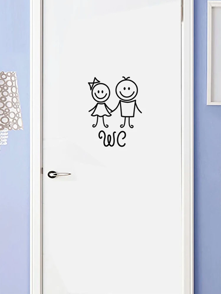 Cartoon Graphic Door Sticker, Black PVC Toilet Sign Sticker For Home Decor, Stickers, Wall Decal, Vinyl Decal For Home Decorations, Spring Decoration Items Refresh Your Home, Festival Decoration Stickers Gifts Birthday Graduation