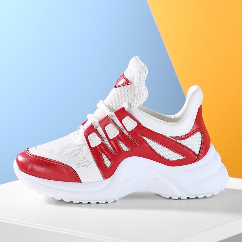 

Retro Inspired Two Tone Lace Up Chunky Sneakers, Red