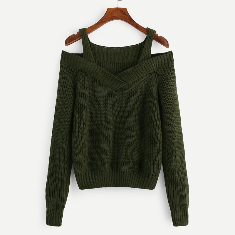 

Solid Cold Shoulder Sweater, Army green