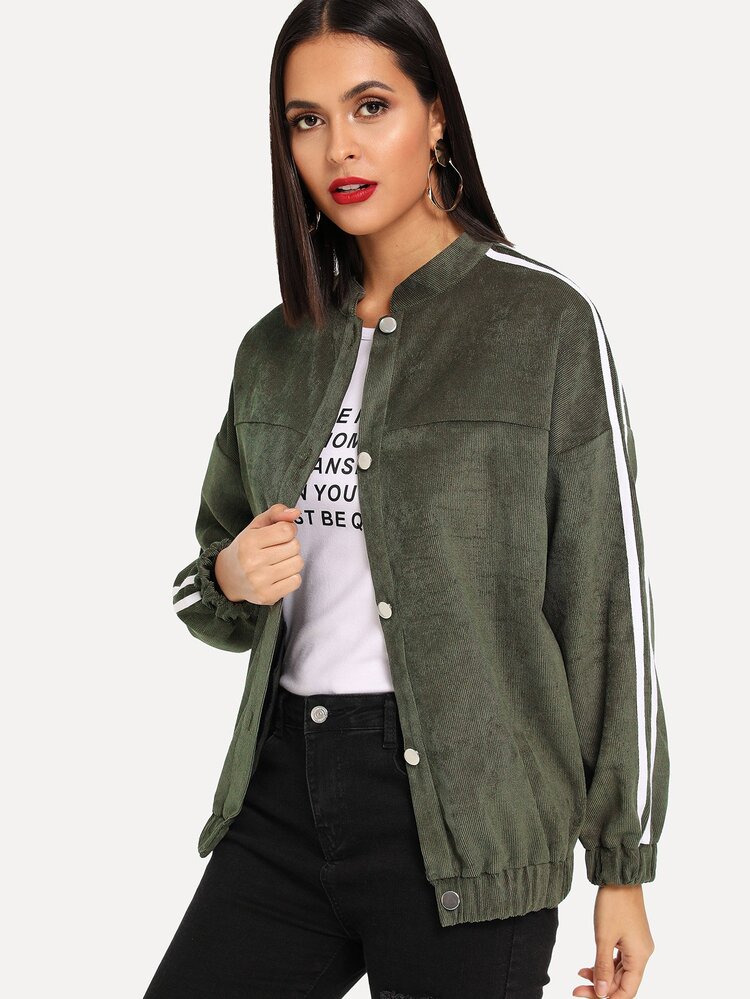 Single Breasted Contrast Striped Side Jacket - Army Green - View 4