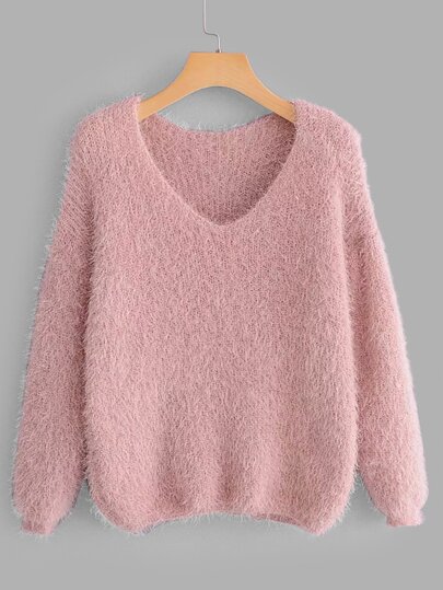V-Neck Solid Fuzzy Jumper