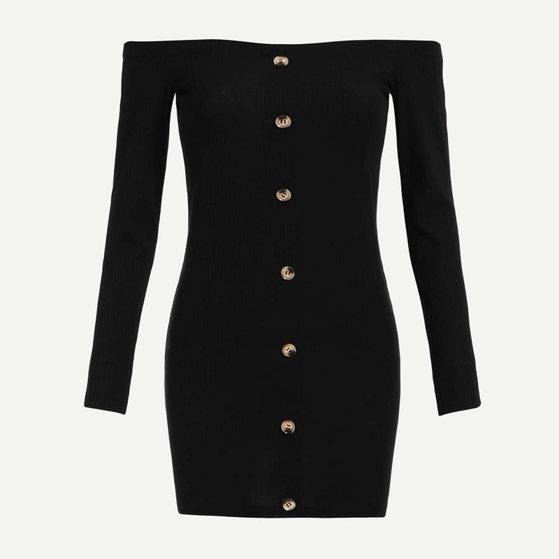 

Off Shoulder Single Breasted Dress, Black