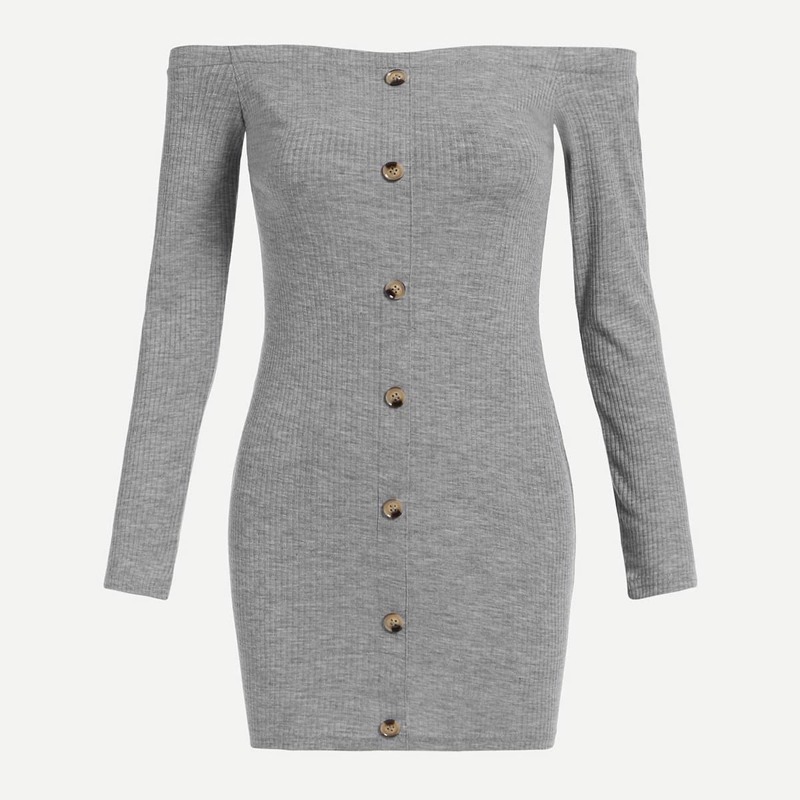 

Off Shoulder Single Breasted Dress, Grey
