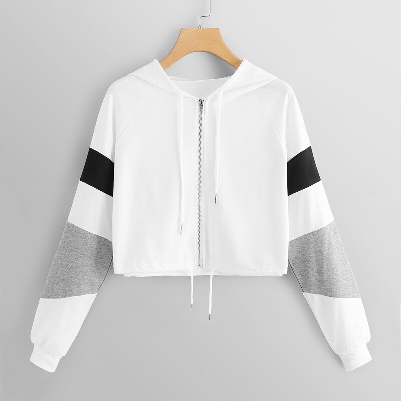 

Striped Panel Zip-Up Drawstring Hooded Jacket, White