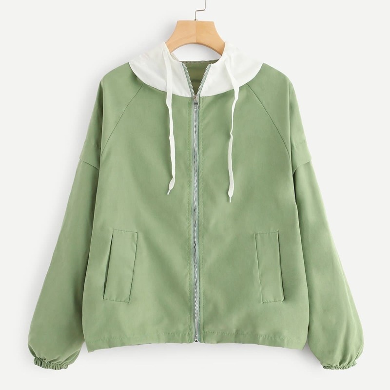 

Letter Print Drawstring Hooded Jacket, Green