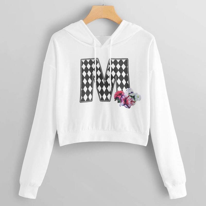 

Floral Print Drawstring Hooded Sweatshirt, White