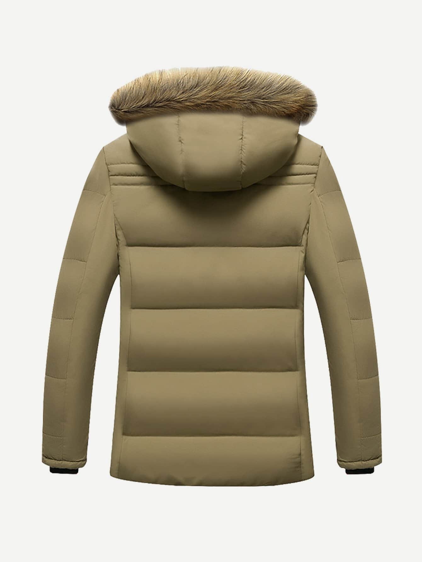 men fleece lined solid hooded puffer coat -shein(sheinside)
