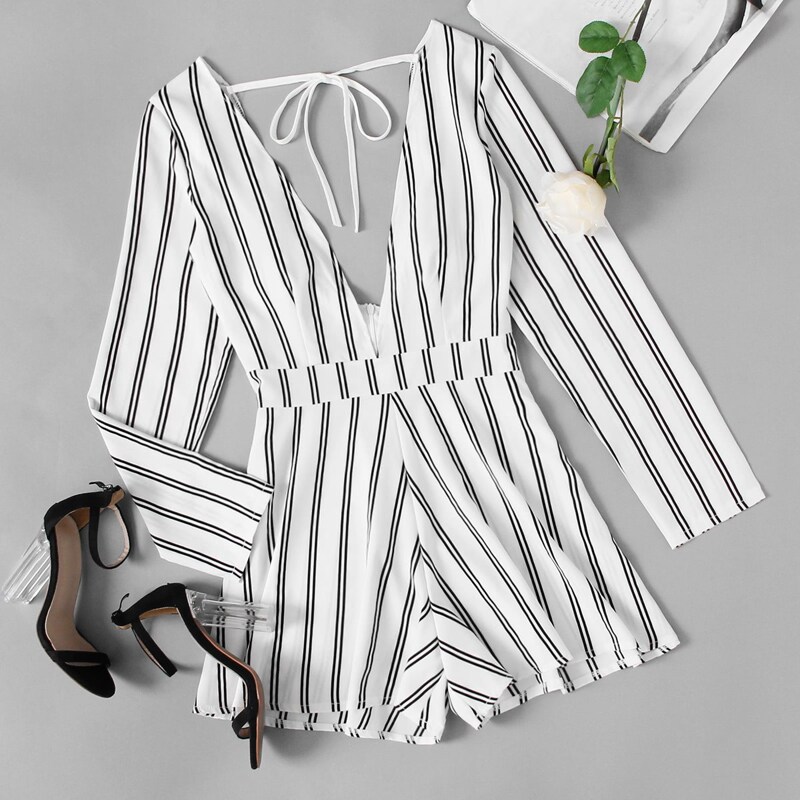 

Deep V Neckline Tie Back Striped Romper, Black and white