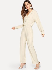 Notch Collar Elastic Waist Shirt Jumpsuit