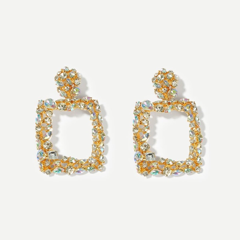 

Rhinestone Engraved Square Drop Earrings 1pair, Gold