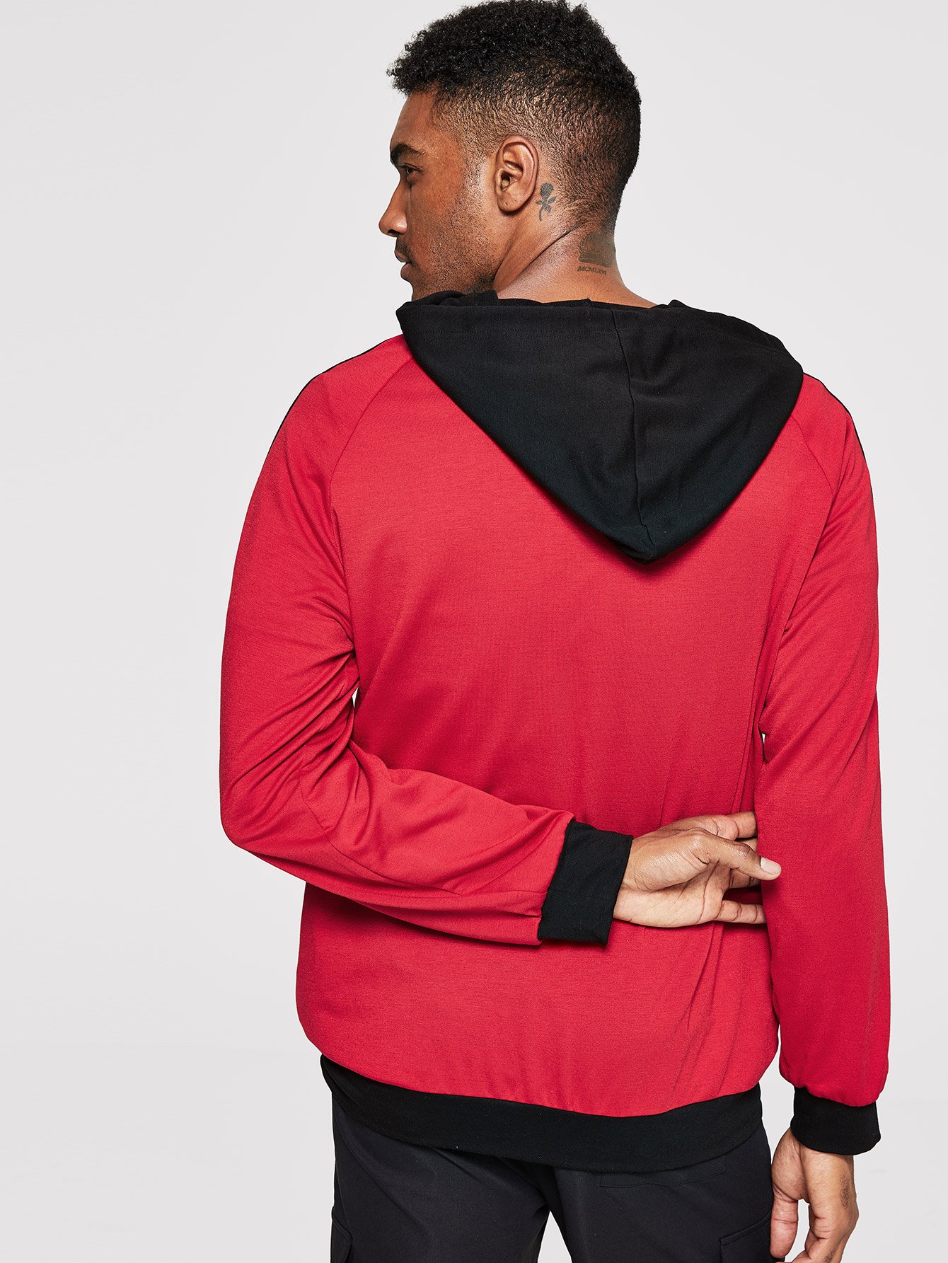 men checked tape detail sweatshirt with contrast hood -shein(she