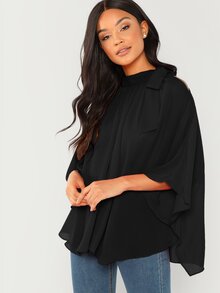 Tied Cold Shoulder Chiffon Poncho Top