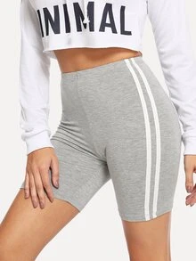 SHEIN EZwear Striped Heathered Knit Cycling Shorts - Light Grey - View 1