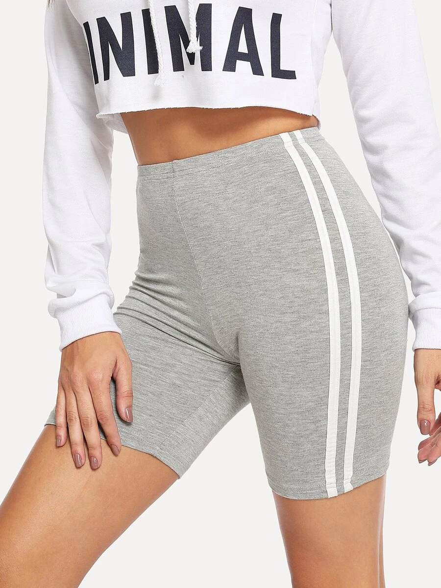 SHEIN EZwear Striped Heathered Knit Cycling Shorts - Light Grey - View 1