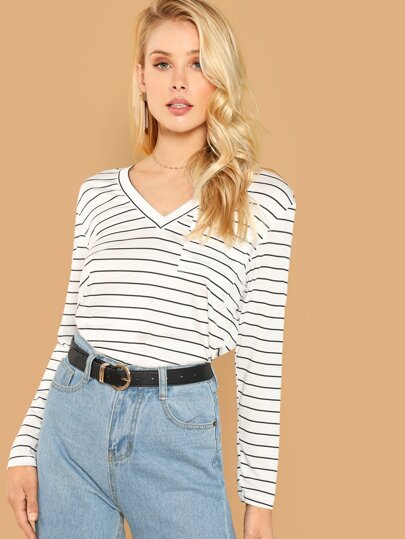 V Neck Pocket Front Striped Tee pictures