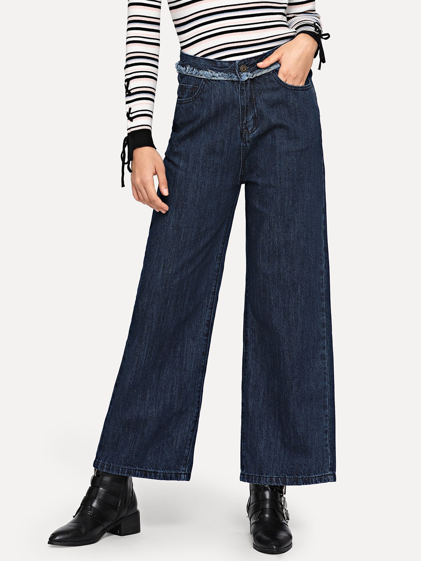 SHEIN Raw Trim Wide Leg Palazzo Jeans | SHEIN Singapore